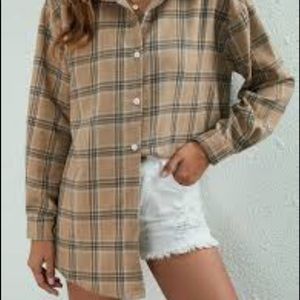 Shein tan plaid button down shirt never worn great alone or layered